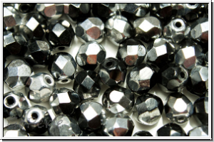 B�hm. Glasschliffperle, feuerpol., 6mm, black, op., half silver, 25 Stk.