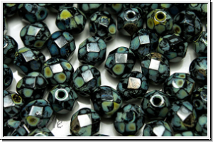 B�hm. Glasschliffperle, feuerpol., 6mm, black, op., picasso, 25 Stk.
