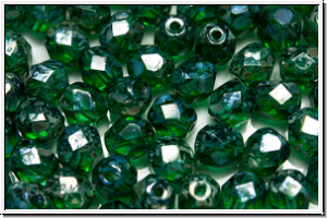 B�hm. Glasschliffperle, feuerpol., 6mm, emerald, trans., silver picasso, 25 Stk.