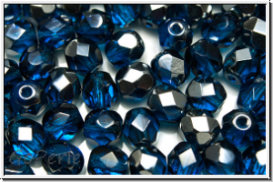 B�hm. Glasschliffperle, feuerpol., 6mm, capri blue, dk., trans., half chrome, 25 Stk.