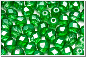 B�hm. Glasschliffperle, feuerpol., 6mm, crystal, trans., green half waxed, 25 Stk.