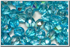 B�hm. Glasschliffperle, feuerpol., 6mm, aqua, trans., AB, 25 Stk.