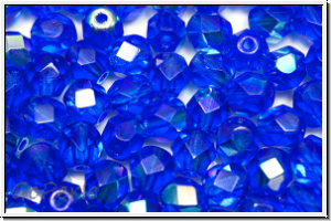 B�hm. Glasschliffperle, feuerpol., 6mm, sapphire, dk., trans., AB, 25 Stk.