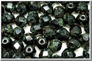 B�hm. Glasschliffperle, feuerpol., 6mm, black, op., silver picasso, 25 Stk.