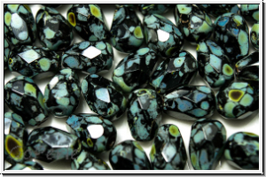 B�hm. Glasschliffperle, Tropfen, 7x5mm, black, op., picasso, 15 Stk.