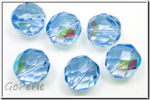 B�hm. Glasschliffperle, feuerpol., 10mm, sapphire, lt., trans., AB, 6 Stk.