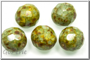 B�hm. Glasschliffperle, feuerpol., 12mm, white, alabaster, green/brown marbled, 5 Stk.