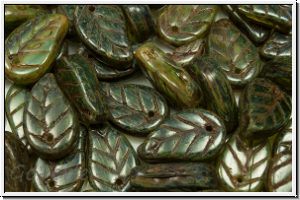 Bl�tter, 14x9mm, front-drilled, olivine/green, trans., picasso, 10 Stk.