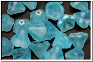 B�hm. Glasperle, Flower "Bells", 8x9mm, aqua, trans., matte, AB, 25 Stk.