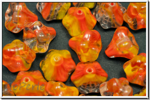 B�hm. Glasperle, Flower "Bells", 9x10mm, crystal, trans., yellow/orange ombriert, 25 Stk.