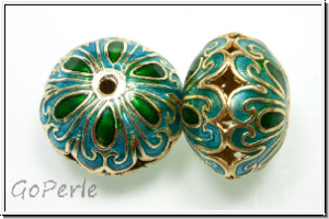 Cloissone-Perle "Dicke Linse", 14x19mm, turquoise/green, 1 Stk.