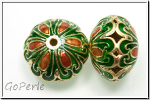 Cloissone-Perle "Dicke Linse", 14x19mm, green/orange, 1 Stk.