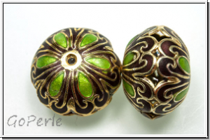 Cloissone-Perle "Dicke Linse", 14x19mm, beige/green, 1 Stk.