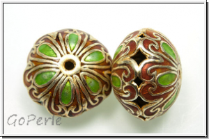 Cloissone-Perle "Dicke Linse", 14x19mm, orange/green, 1 Stk.