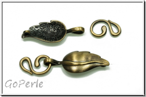 Haken/�se-Verschluss "Blatt", 33x13mm, antikmessingfb., Messing, 1 Stk.