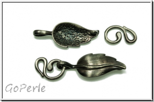 Haken/�se-Verschluss "Blatt", 33x13mm, hematitefb., Messing, 1 Stk.