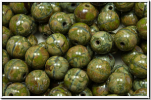 b�hm. Glasperle, rund, 6mm, olivine, dk., op., silver picasso, 25 Stk.