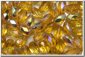 B�hm. Glasschliffperle, Olive, 6x4mm, topaz, trans., AB, 25 Stk.