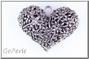 Anh�nger "Gro�es Blumenherz, 3D", 33x43x15mm, antiksilberfb., Tibetsilber, 1 Stk.