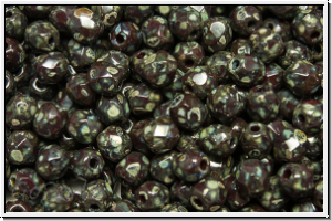 B�hm. Glasschliffperle, feuerpol., 4mm, garnet, lt., op., silver picasso, 50 Stk.
