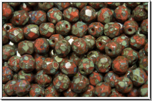 B�hm. Glasschliffperle, feuerpol., 4mm, salmon, op., silver picasso, 50 Stk.