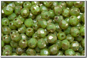 B�hm. Glasschliffperle, feuerpol., 4mm, lime, opal, silver picasso, 50 Stk.
