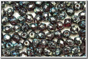B�hm. Glasschliffperle, feuerpol., 4mm, garnet, lt., trans., silver picasso, 50 Stk.