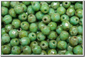 B�hm. Glasschliffperle, feuerpol., 4mm, blue turquoise, op., dk. picasso, 50 Stk.