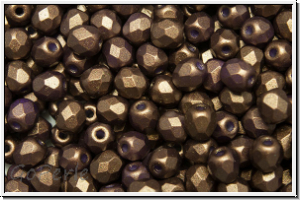 B�hm. Glasschliffperle, feuerpol., 4mm, white, op., saddle brown, gold shine, 50 Stk.