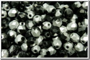 B�hm. Glasschliffperle, feuerpol., 4mm, black, op., half silver, matte, 50 Stk.
