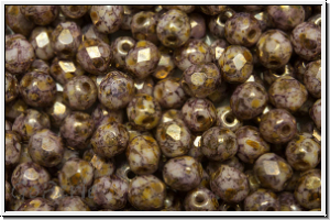 B�hm. Glasschliffperle, feuerpol., 4mm, white, op., lila gold marbled, 50 Stk.