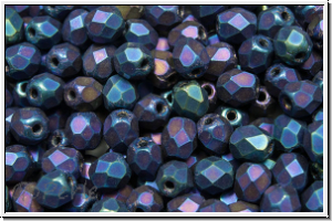 B�hm. Glasschliffperle, feuerpol., 4mm, blue, met., matte, iris., 50 Stk.