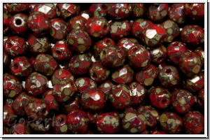 B�hm. Glasschliffperle, feuerpol., 4mm, red, op., silver picasso, 50 Stk.