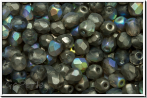 B�hm. Glasschliffperle, feuerpol., 4mm, crystal, trans., graphite AB, matte, 50 Stk.