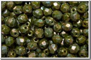 B�hm. Glasschliffperle, feuerpol., 4mm, olivine, dk., op., nebula, 50 Stk.