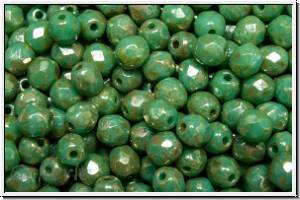 B�hm. Glasschliffperle, feuerpol., 4mm, blue turquoise, op., silver picasso, 50 Stk.