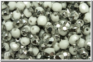 B�hm. Glasschliffperle, feuerpol., 4mm, white, op., half silver, 50 Stk.
