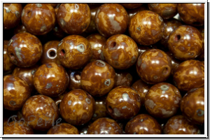 b�hm. Glasperle, rund, 6mm, caramel, op., silver picasso, 25 Stk.