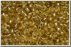 RR-11-0002, MIYUKI Rocailles, 11/0, gold, lt., trans., silver-ld., 10g
