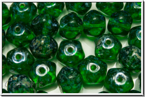 B�hm. Glasperle, free form, 7x9mm, emerald, lt., trans., silver picasso, 5 Stk.