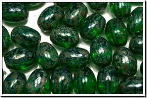 B�hm. Glasperle, Olive, 9x7mm, emerald, lt., trans., silver picasso, 5 Stk.