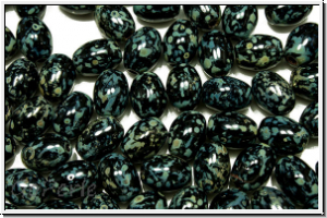 B�hm. Glasperle, Olive, 7x5mm, black, op., silver picasso, 10 Stk.