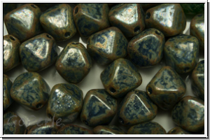 b�hm. Glasperle, Bicone, 8mm, blue, op., silver picasso, 30 Stk.