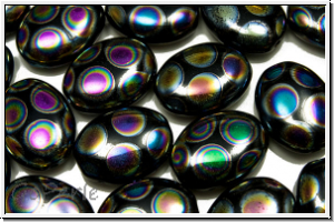 b�hm. Glasperle, Olive, flach, 12x9x4,1mm, black, op., peacock, 5 Stk.