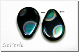 B�hm. Glasperle, Tropfen, flach, 12x18mm, black, op., peacock, 1 Stk.