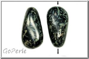 B�hm. Glasperle, Tropfen, 20x10mm, black, op., silver picasso, 2 Stk.