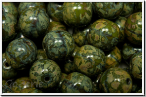 b�hm. Glasperle, rund, 8mm, olivine, dk., op., silver picasso, 10 Stk.