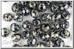 B�hm. Glasschliffperle, feuerpol., 8mm, black, opaque, silver picasso, 10 Stk.
