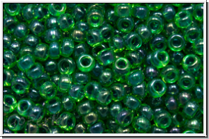 RR-11-0332, MIYUKI Rocailles, 11/0, green, trans., dk. blue-ld., AB, 10g