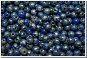 b�hm. Glasperle, rund, 3mm, blue, op., silver picasso, 50 Stk.